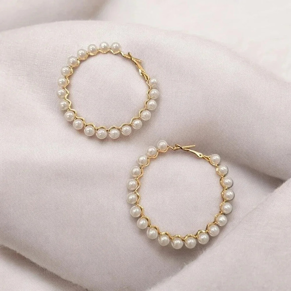 Gold Plated Faux Pearl Large Size Hoop Earrings - Picture 1 of 3